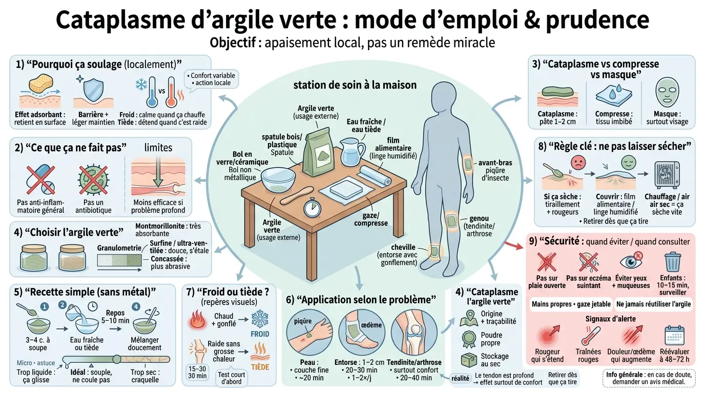 Infographie sur l'argile verte cataplasme, montrant son utilisation, ses bienfaits, limites et sécurité à la maison.