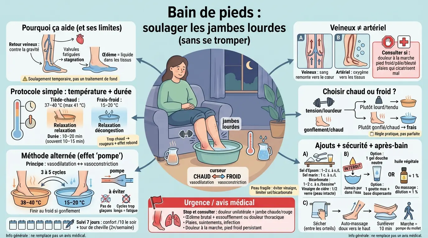 Infographie sur les bains de pieds circulation, montrant un bain relaxant pour soulager les jambes lourdes avec conseils et précautions.