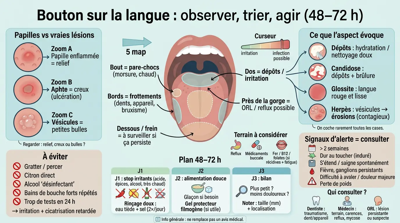 Infographie éducative illustrant les boutons sur la langue, avec zones, comparaisons et conseils d'observation.