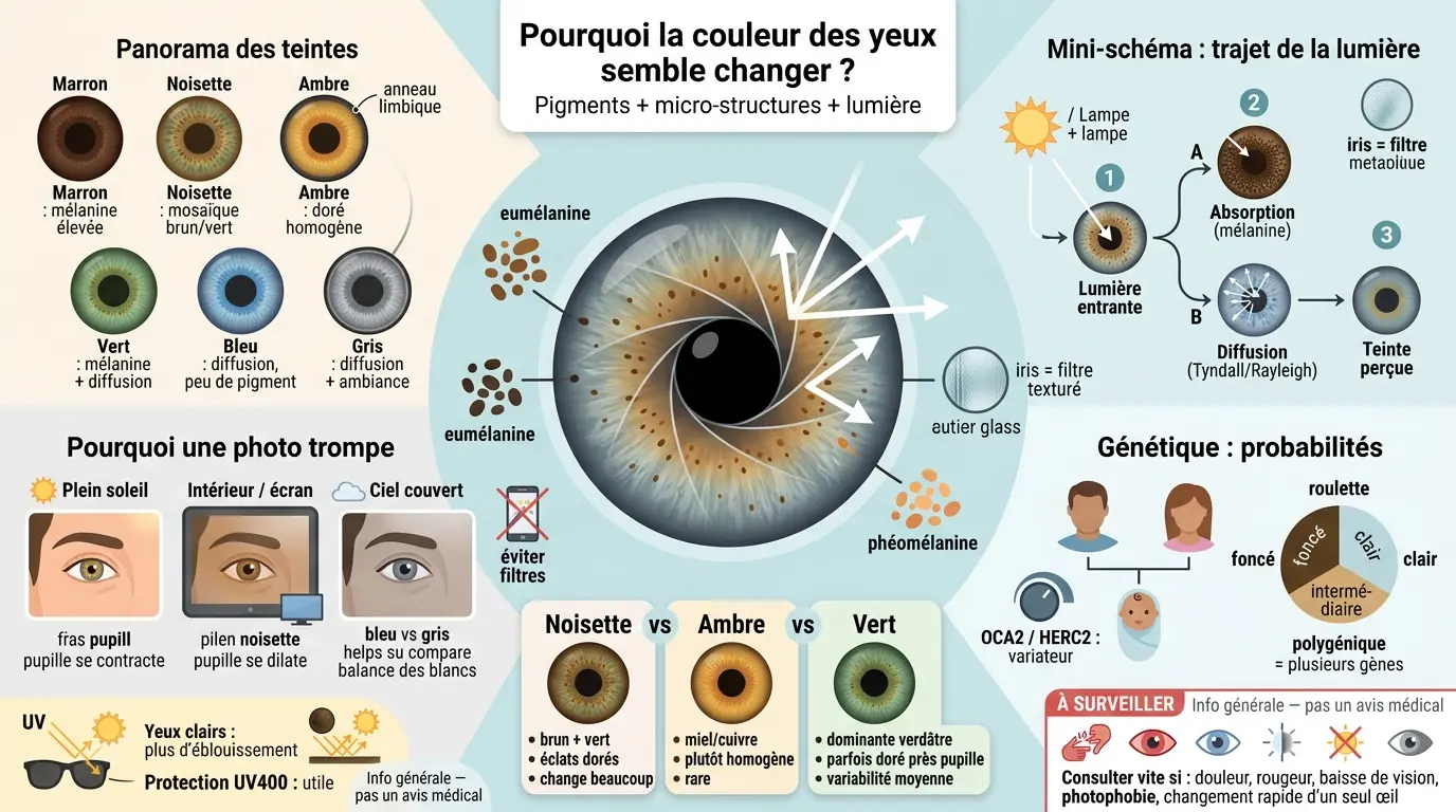 Infographie éducative sur les couleurs yeux, illustrant l'iris, la lumière et les pigments avec des comparaisons visuelles.