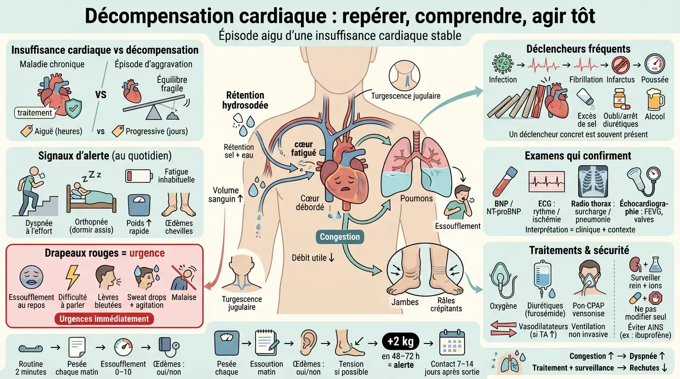 Infographie éducative sur la décompensation cardiaque, illustrant causes, symptômes et traitements avec des métaphores visuelles.