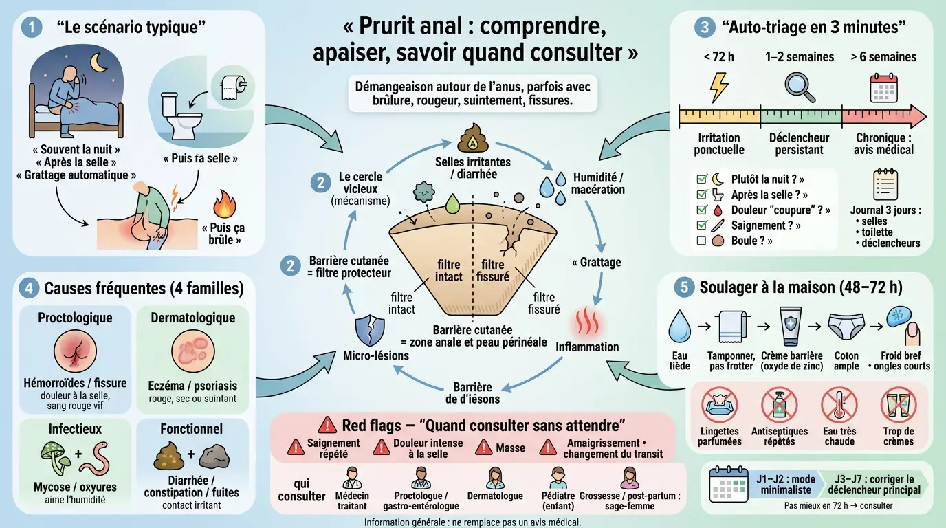Infographie éducative sur les démangeaisons anales, illustrant causes, mécanismes et solutions pour apaiser le prurit anal.