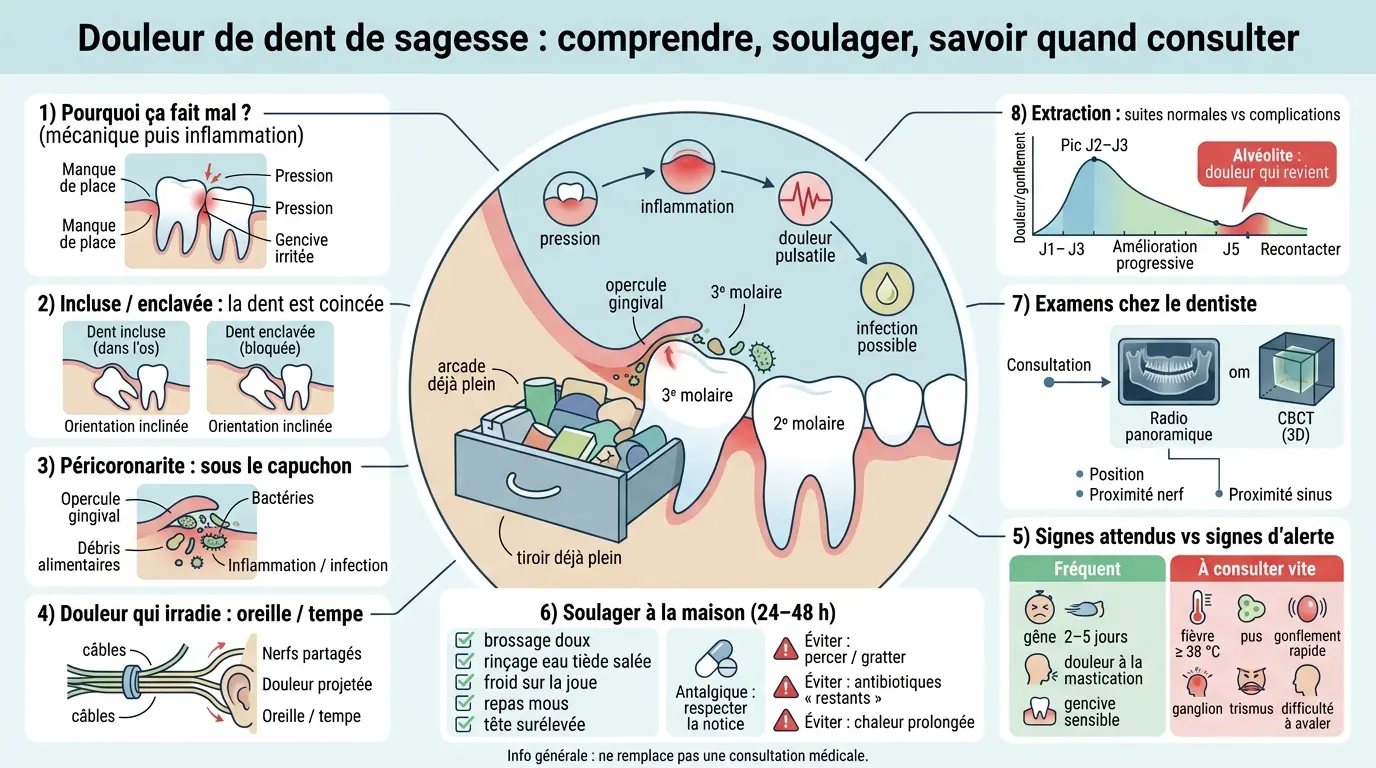 Infographie éducative sur la dent de sagesses douleur, illustrant les causes, symptômes et solutions liées à l'inflammation et à l'infection.