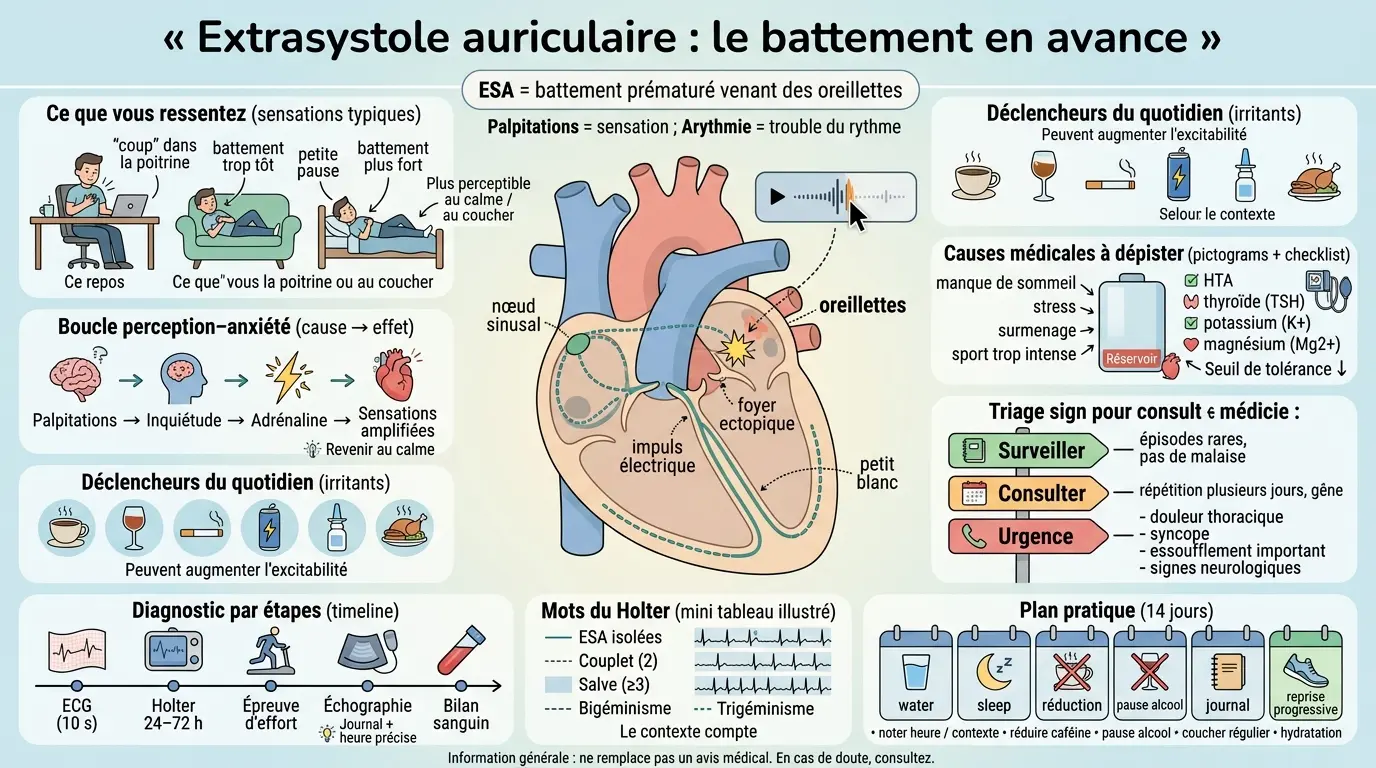 Infographie éducative sur les extrasystoles auriculaires, illustrant le cœur, les sensations, déclencheurs et diagnostic.