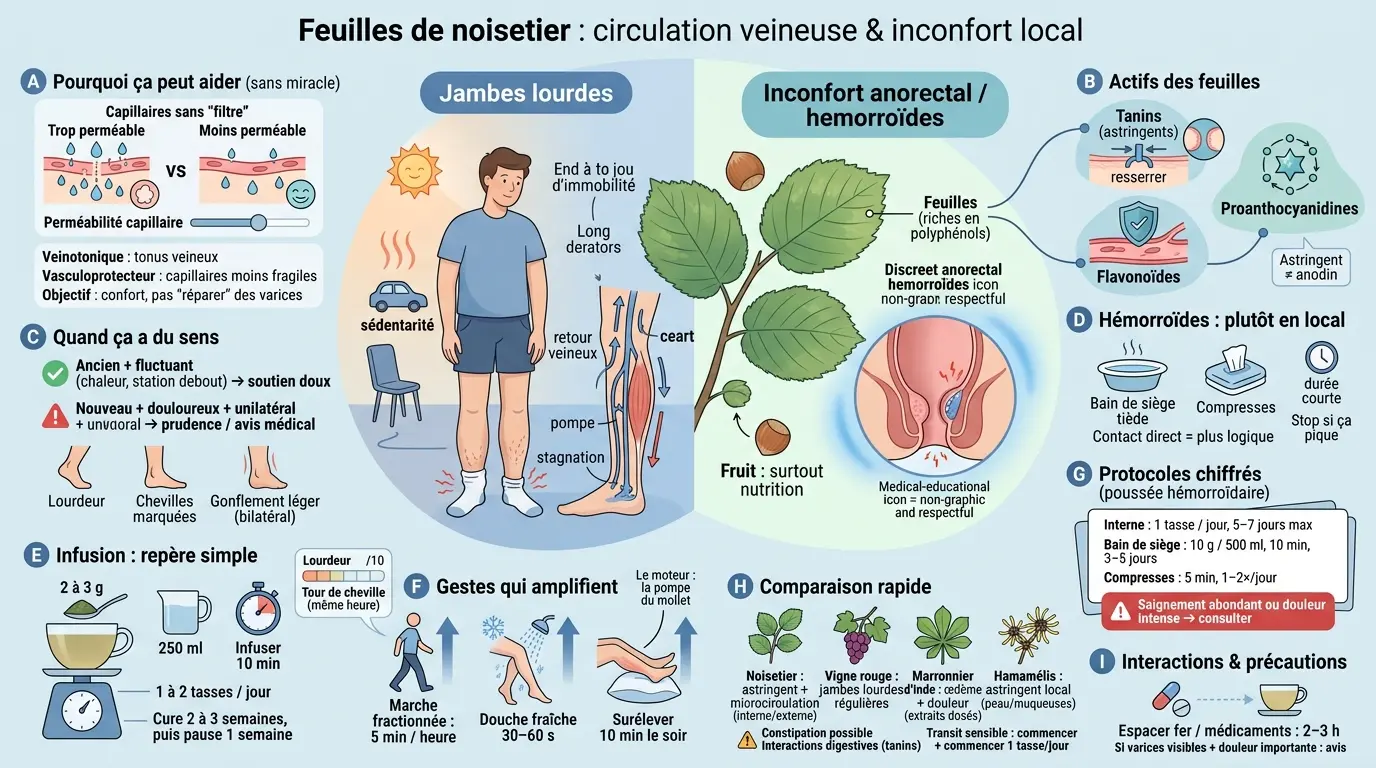 Infographie éducative sur les feuilles de noisetier, montrant leur rôle dans la circulation veineuse et le confort local.