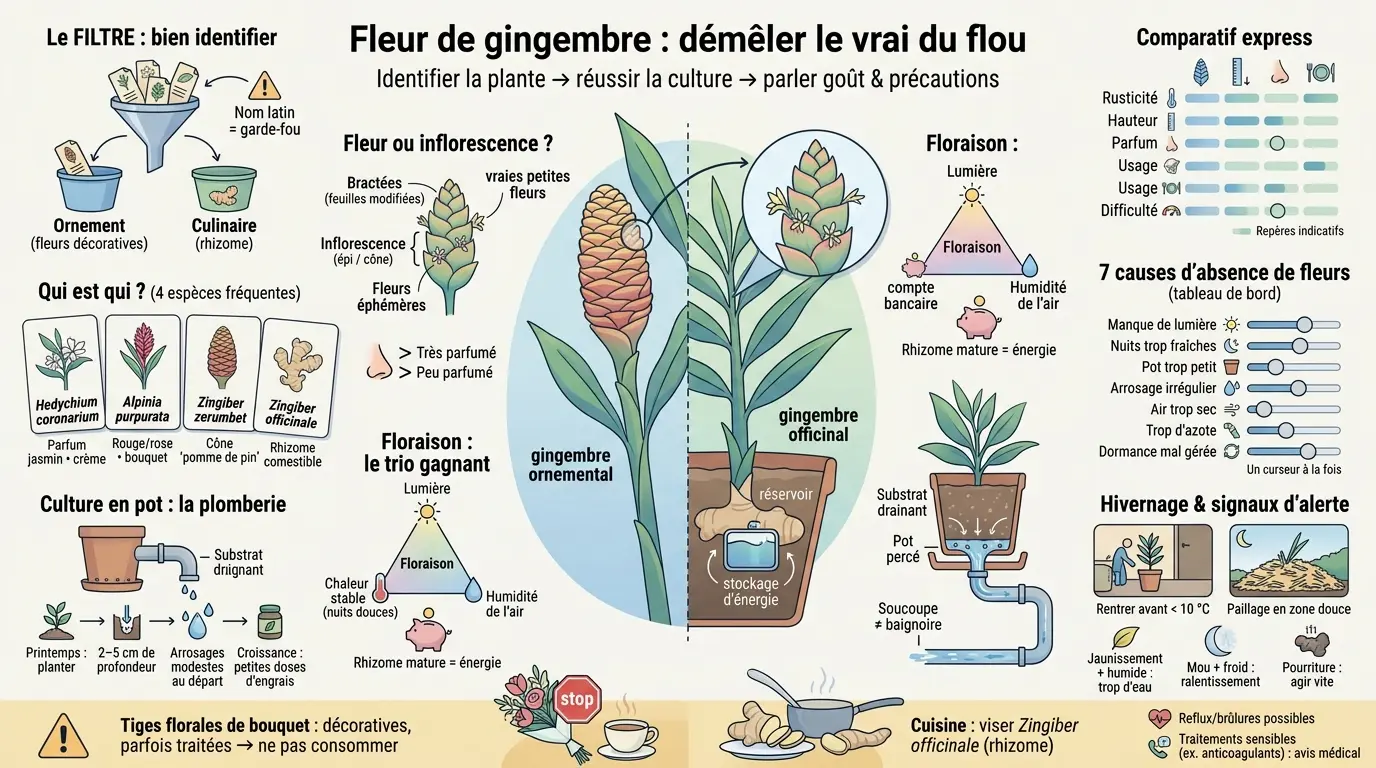 Infographie éducative sur la fleur de gingembre, illustrant ses variétés, culture, floraison et précautions à prendre.