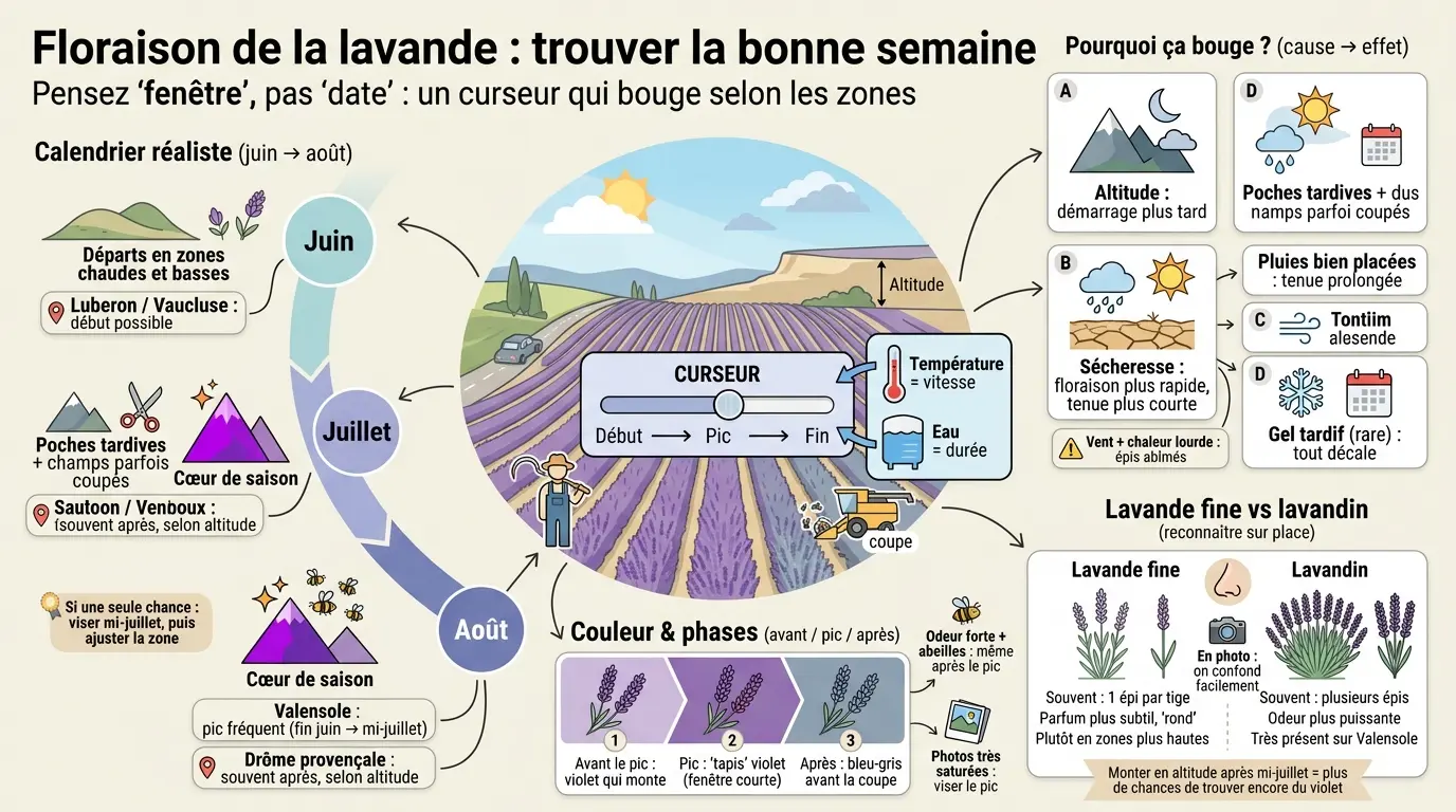 Infographie éducative sur la floraison lavande, illustrant le calendrier, les facteurs et les variétés de lavande en Provence.
