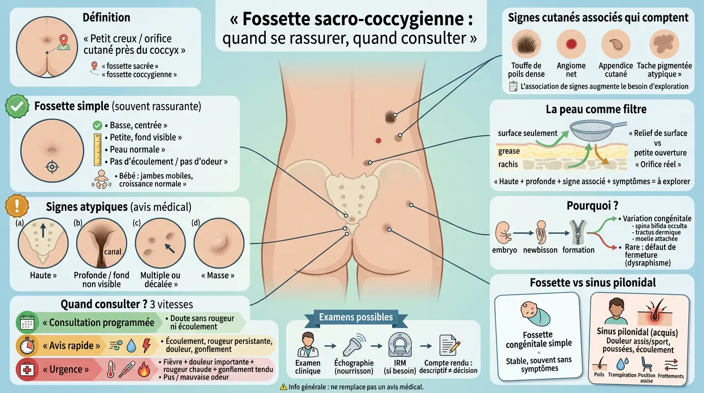 Infographie éducative sur la fossette sacro coccygienne, illustrant ses caractéristiques et quand consulter un médecin.