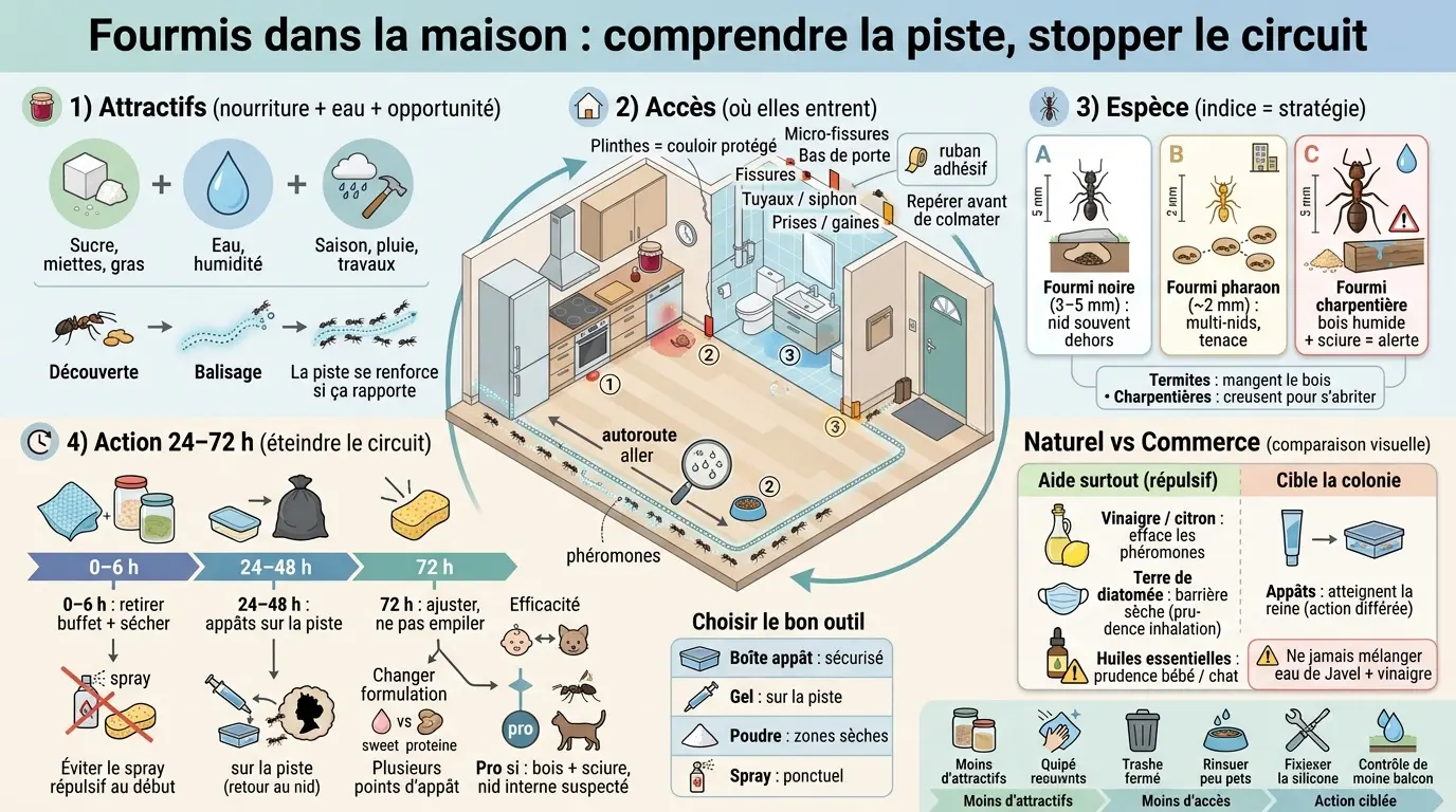 Infographie éducative sur la fourmi dans la maison, montrant comment stopper leur circuit en comprenant leur système de piste.