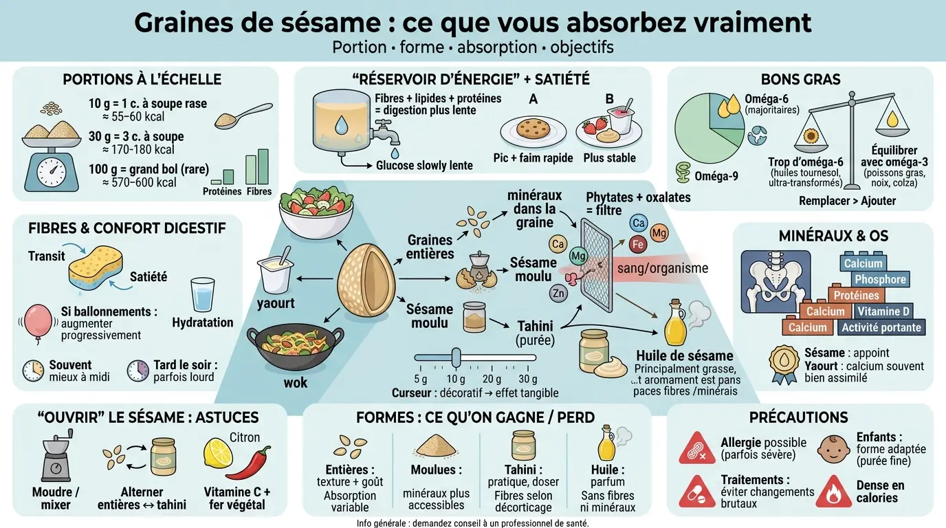 Infographie éducative sur les graines de sésame bienfaits, montrant leurs formes, portions et absorption nutritive.