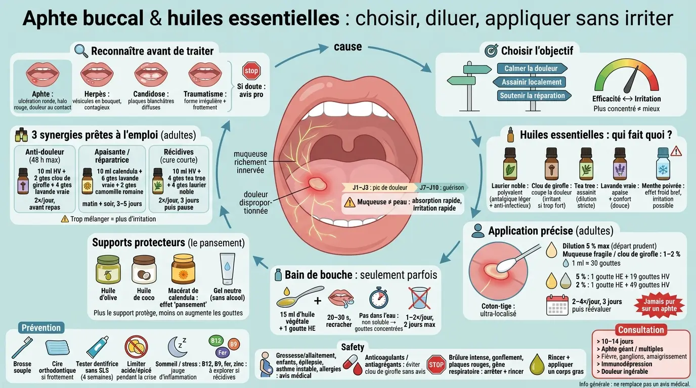 Infographie éducative sur l'huile essentielle pour aphte, montrant les symptômes, traitements et conseils d'application.