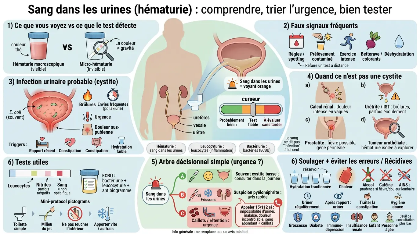 Infographie éducative sur l'infection urinaire sang, illustrant hématurie, symptômes, tests et conseils de prévention.