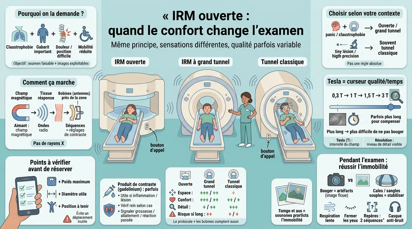 Infographie sur irm champ ouvert comparant confort et qualité d’image avec machines illustrées et éléments explicatifs.