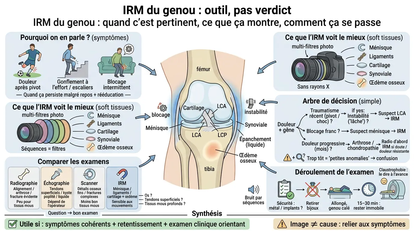 Infographie éducative sur l'irm du genou, montrant symptômes, examens, décision et déroulement avec illustrations claires.
