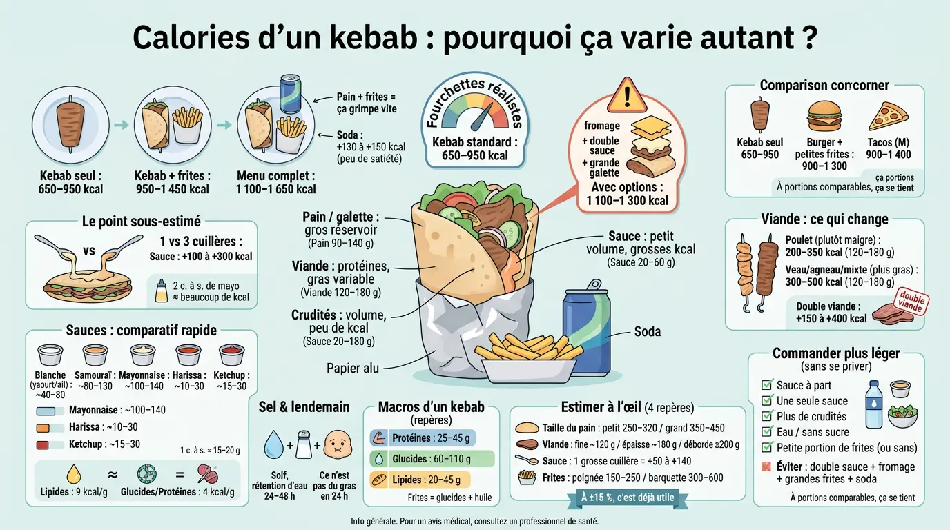 Infographie éducative sur les kebabs : calories, ingrédients, variations et conseils pour estimer les kebab calorie.