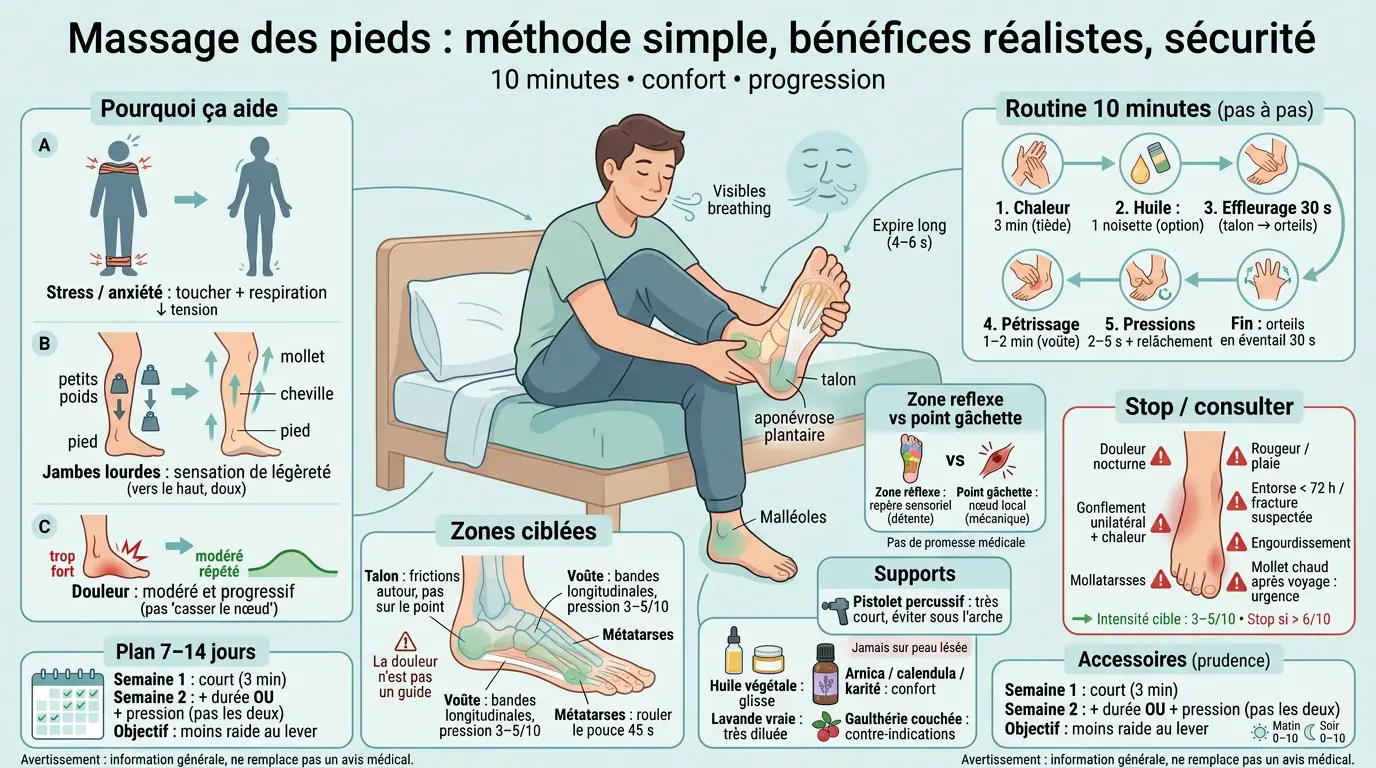 Infographie éducative sur le massage du pied, montrant une personne en auto-massage avec zones sensibles et bénéfices.