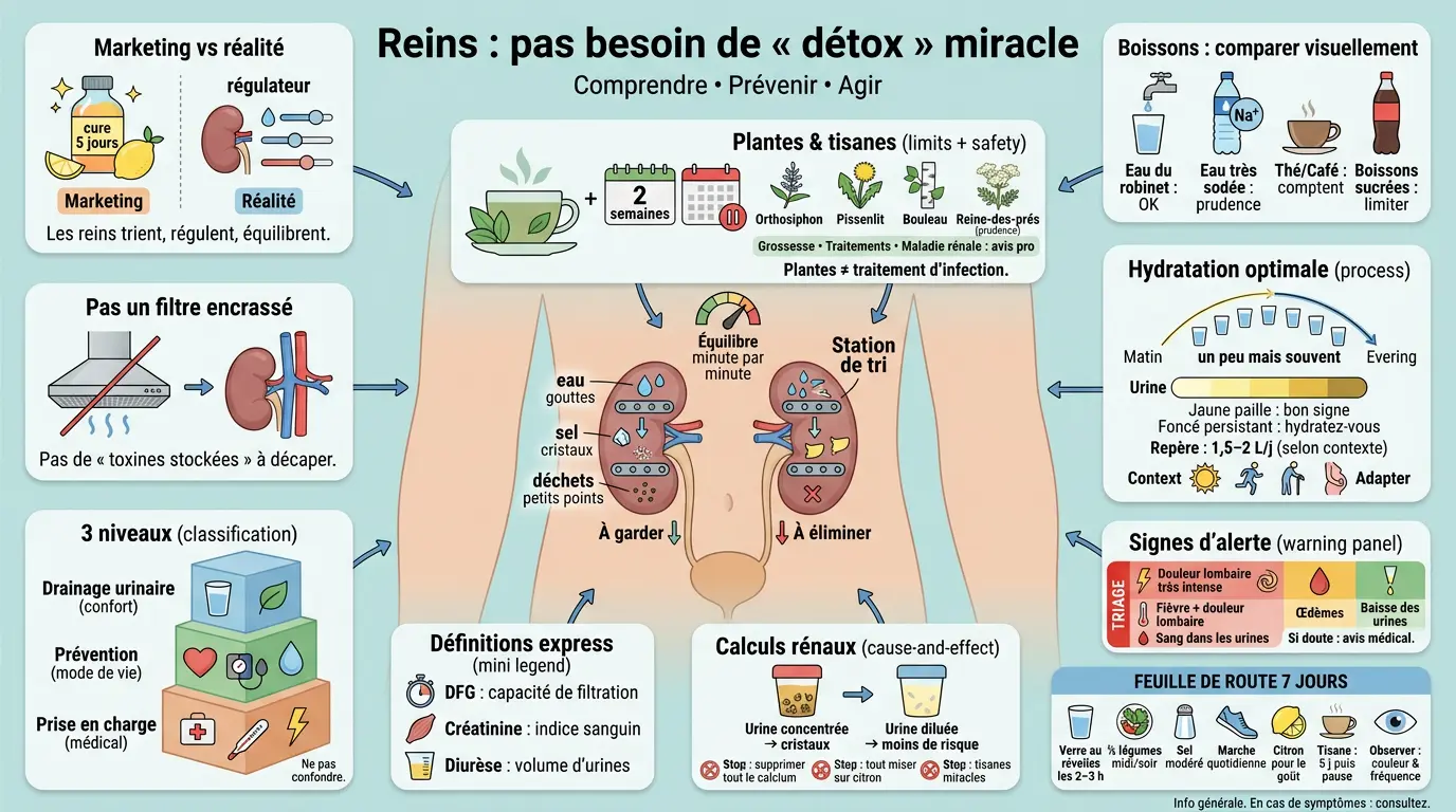 Infographie éducative sur le nettoyage reins, illustrant leur fonctionnement, les mythes de détox et conseils de santé.