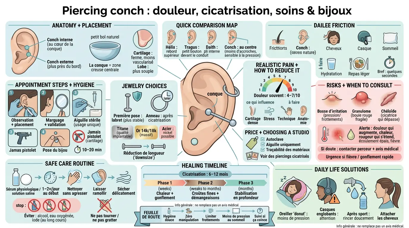 Infographie éducative sur le piercing conch, montrant l'anatomie de l'oreille, la douleur, les soins et les bijoux.