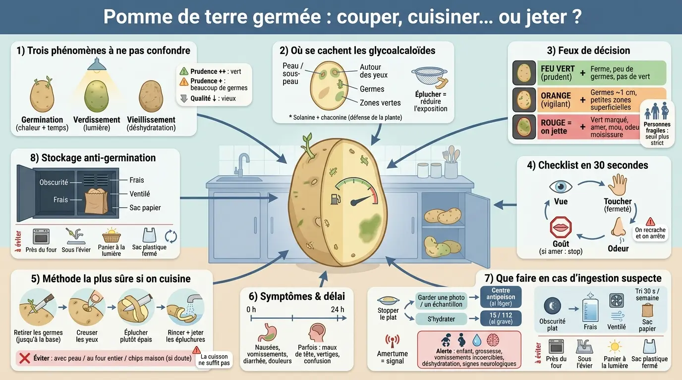 Infographie éducative sur la sécurité des pommes de terre germées, avec illustrations et conseils pratiques en français.