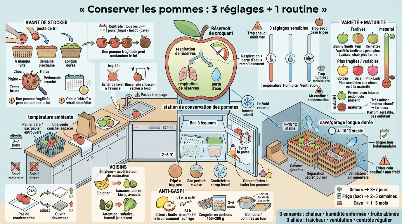 Infographie éducative sur les pommes comment les conserver, illustrant les méthodes de stockage en cuisine, réfrigérateur et cave.