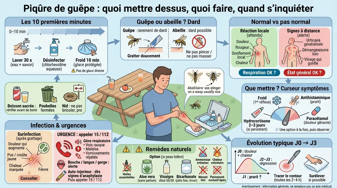 Infographie éducative sur que mettre sur une piqure de guêpe, montrant les étapes de soin, les symptômes et les actions à entreprendre.