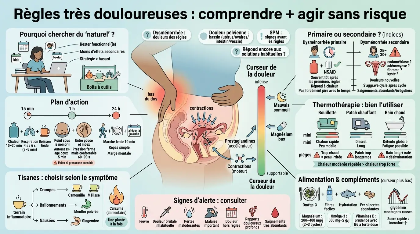 Infographie sur les règles très douloureuses remède de grand-mère, montrant anatomie, causes et solutions naturelles.