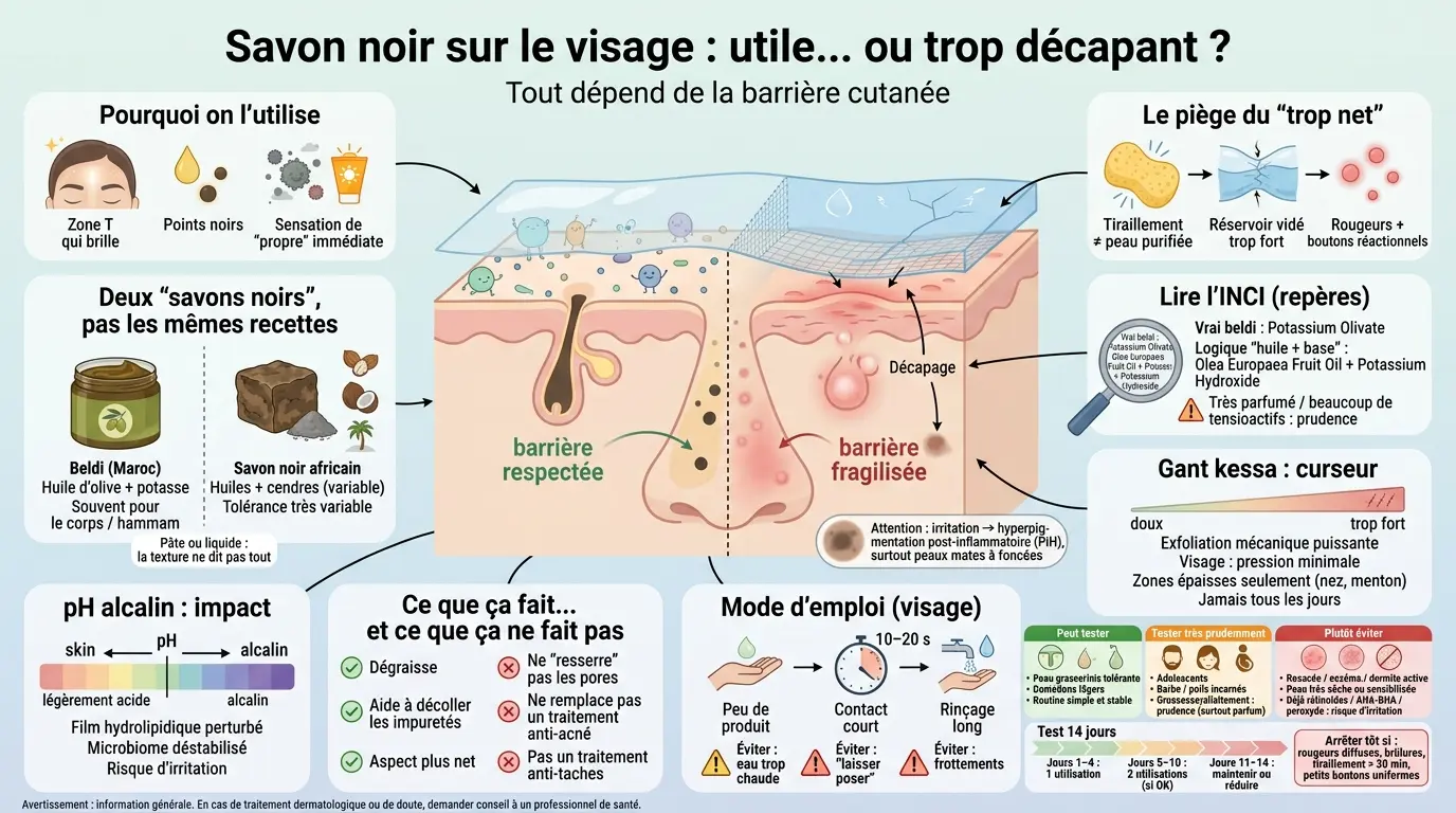 Infographie éducative sur le savon noir visage, illustrant les effets sur la peau et la barrière cutanée.