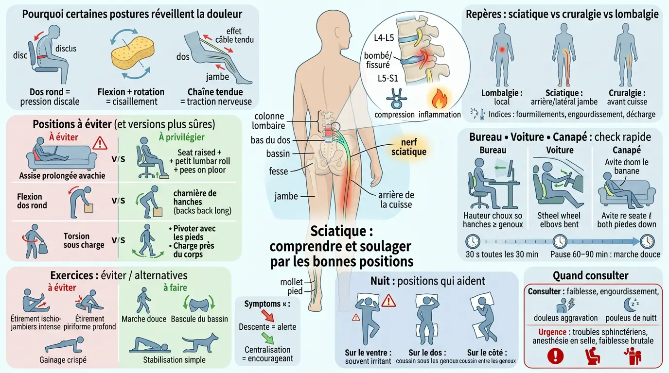 Infographie éducative sur la sciatique position a eviter, illustrant les postures nuisibles et leurs alternatives sécurisées.