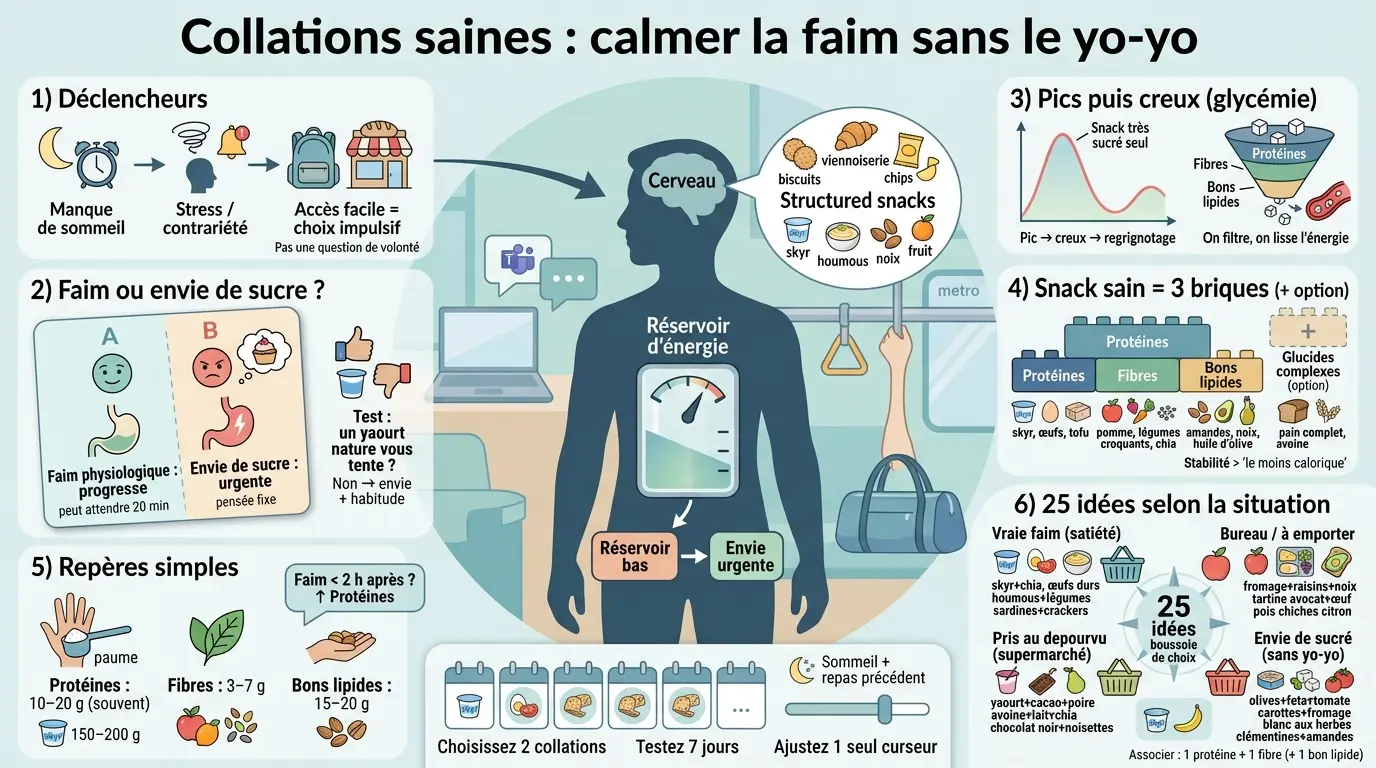 Infographie éducative sur les snacks sains, illustrant des choix équilibrés pour calmer la faim au quotidien.