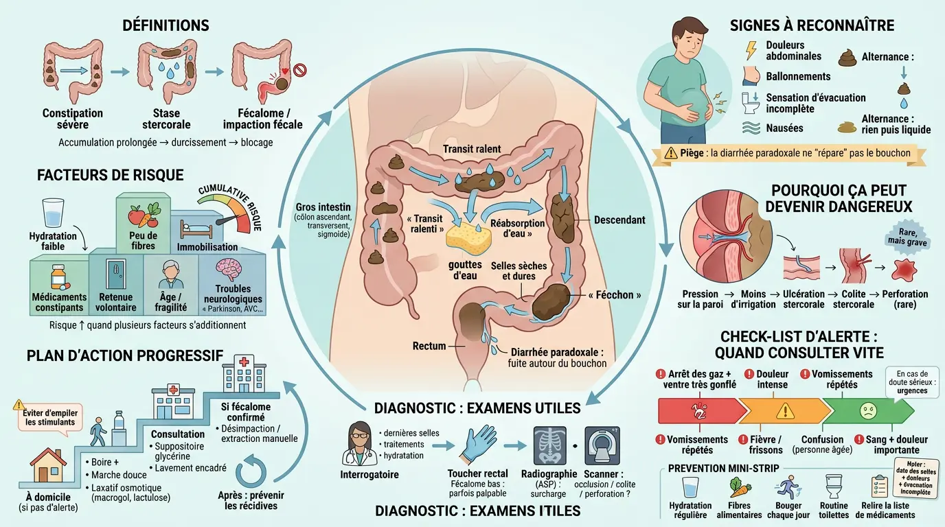 Infographie éducative illustrant la stase stercorale, ses causes, signes, risques et prévention avec des schémas clairs.