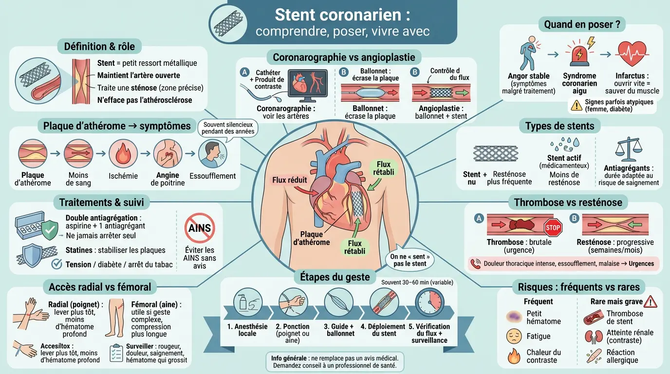 Infographie éducative sur le stent coeur, illustrant son rôle, les symptômes de l'athérosclérose et les étapes de la procédure.