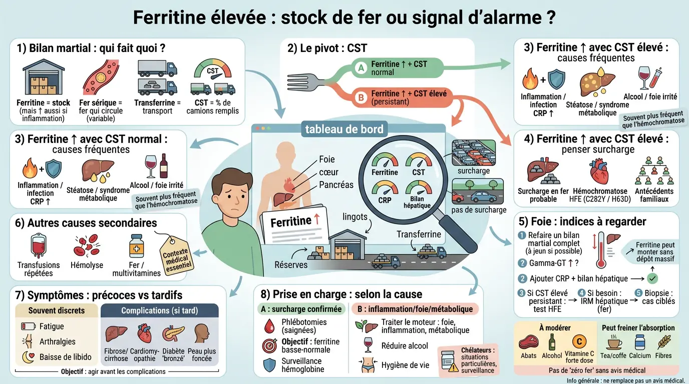 Infographie éducative sur la ferritine élevée, expliquant le trop de fer dans le sang avec des illustrations claires et des modules explicatifs.