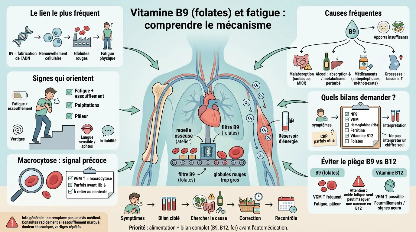 Infographie illustrant le lien entre vitamine B9 et fatigue, montrant la production de globules rouges et ses impacts.