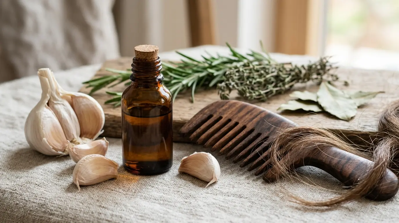 Scène de soins capillaires avec ail cheveux, huile infusée, peigne en bois et herbes sur une surface neutre.