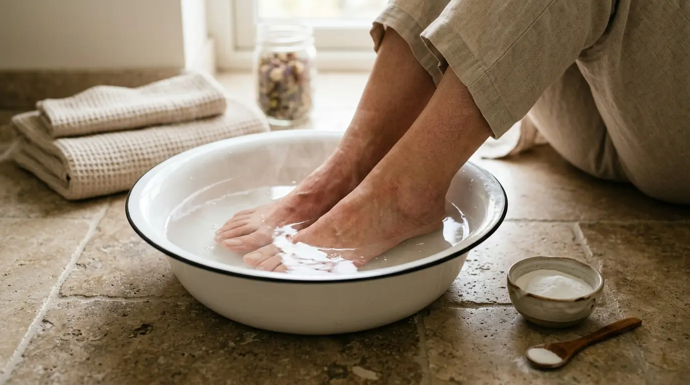 Personne plongeant ses pieds dans un bain de pieds bicarbonate, avec eau chaude et ambiance apaisante dans une salle de bain.