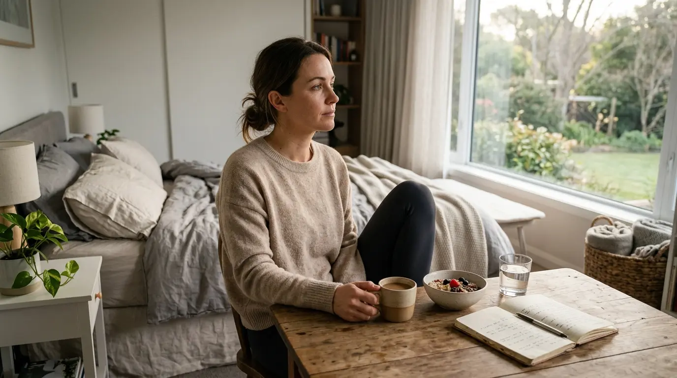 Calme matinée dans une chambre moderne, adulte serein près d'une fenêtre, illustrant comment faire baisser cortisol avec routine saine.