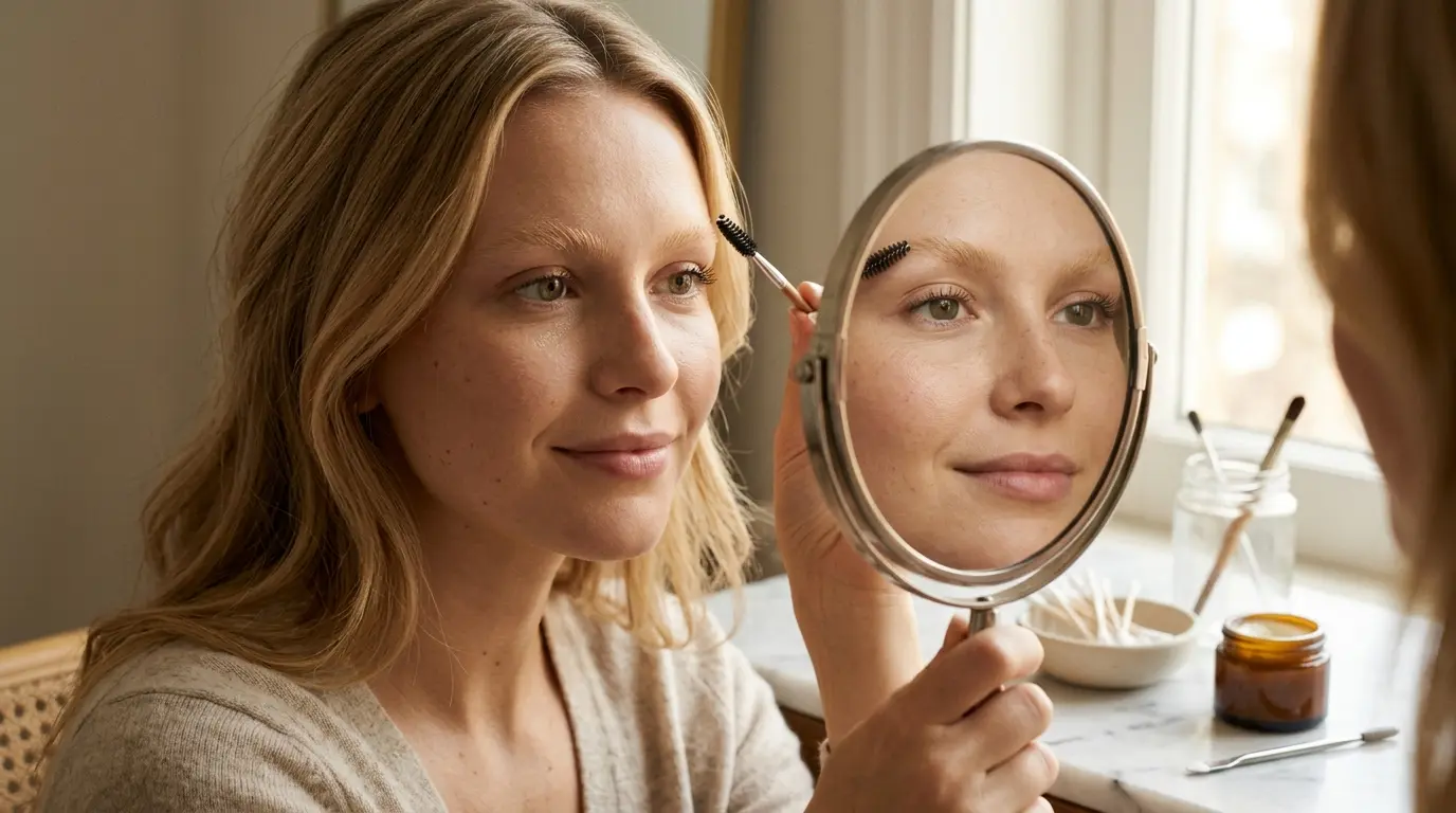Femme avec des sourcils légèrement décolorés, regardant dans un miroir, ambiance beauté naturelle et transformation douce.