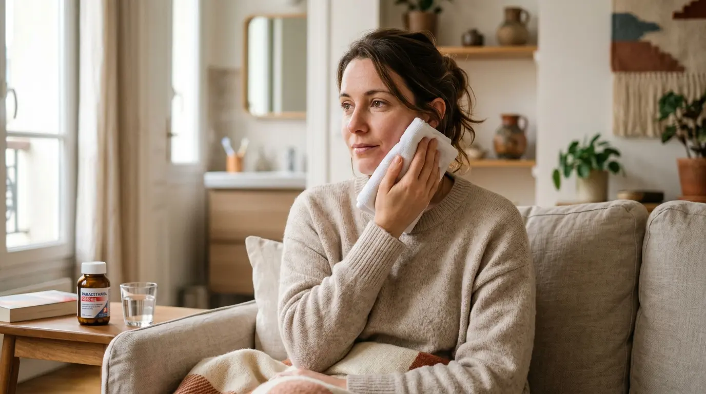 Calme adulte à la maison, compresses froides sur la joue, évoquant l'extraction dents de sagesse douleur et la guérison.