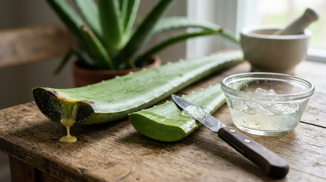 Feuille d aloe vera fraîche sur une surface en bois, gel translucide dans un bol, et latex jaune à la base coupée.