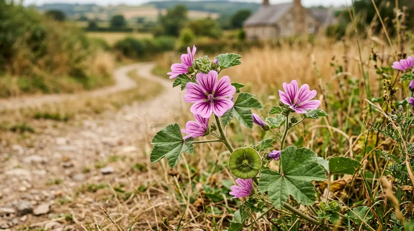 Fleur mauve sauvage en gros plan, pétales rayés et feuilles palmées, dans un champ rural apaisant.