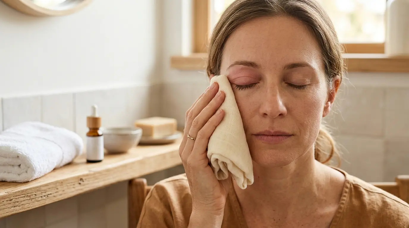 Couvercle d'un œil irrité avec compresses, évoquant l'utilisation d'huile essentielle orgelet en soins naturels.