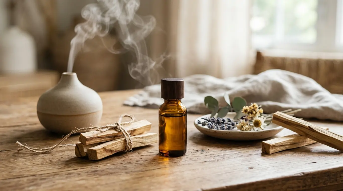 Huile essentielle palo santo dans un élégant still life avec flacon en verre, bâtons de bois et éléments botaniques apaisants.