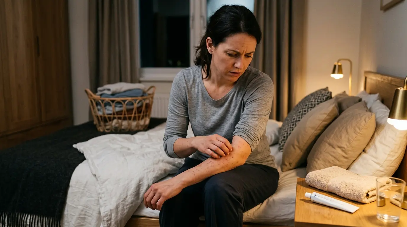 Adultes préoccupés dans une chambre, grattant un avant-bras irrité, évoquant l'utilisation d'huile essentielle pour la gale.
