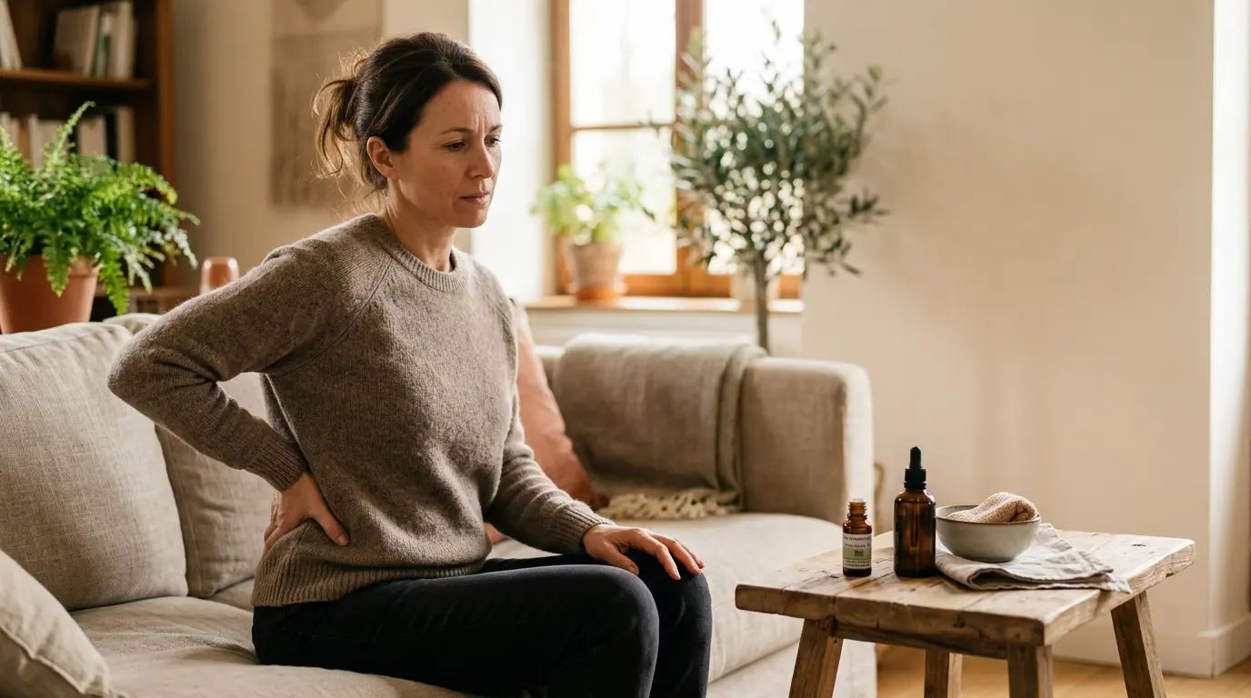 Adultes avec main sur le bas du dos, bouteille d'huile essentielle pour lumbago et huile de massage dans un cadre apaisant.