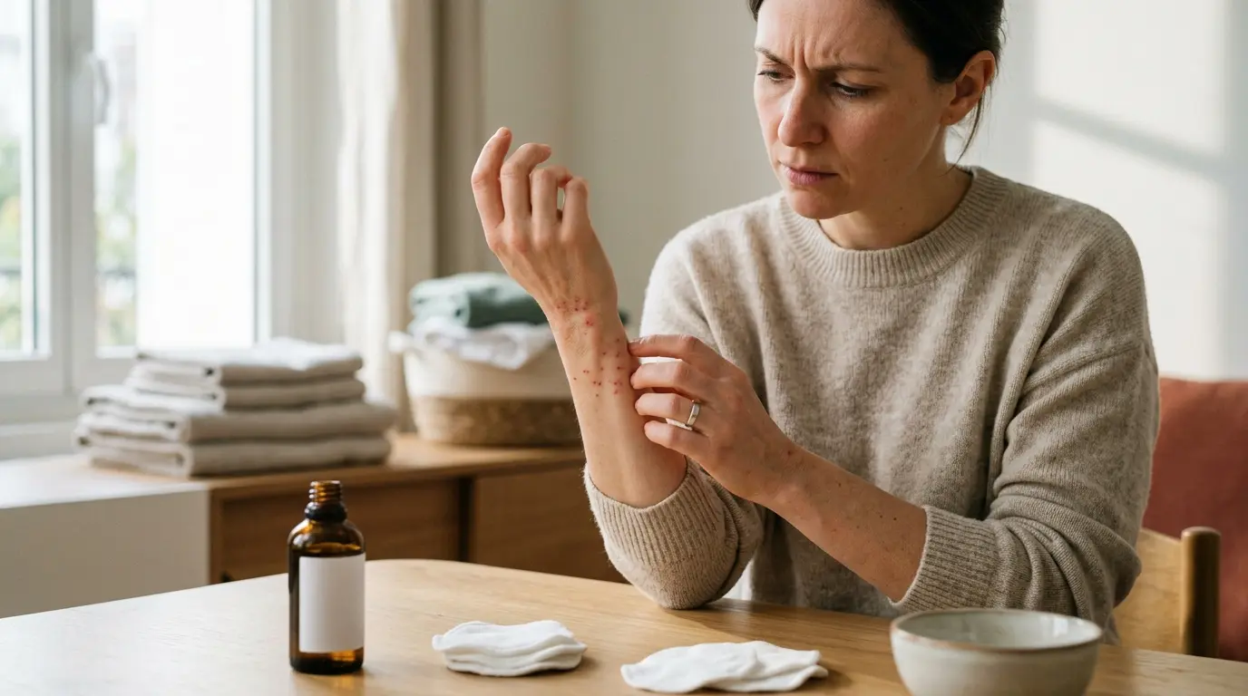 Adultes préoccupés examinant une irritation cutanée avec des huiles essentielles gale en arrière-plan, ambiance calme et soignée.