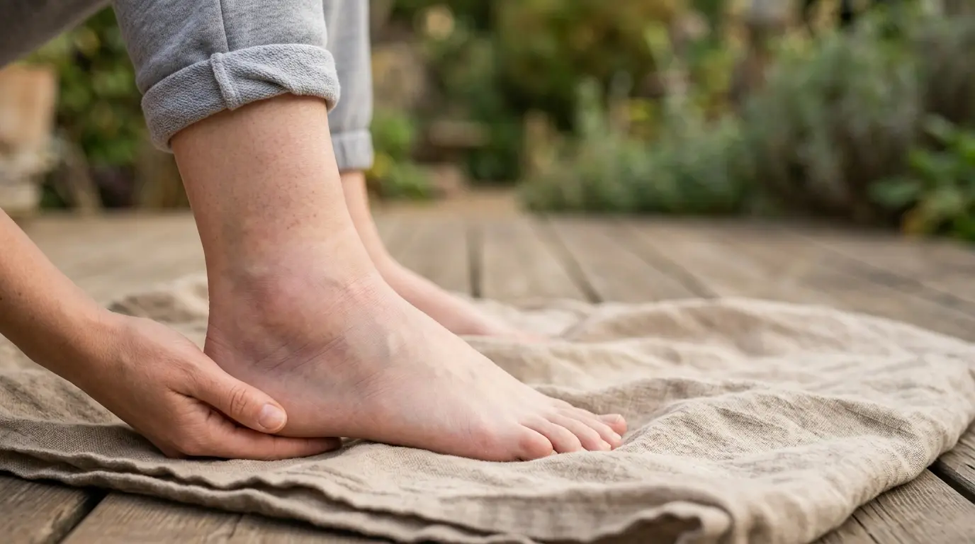 Ankle légèrement enflé et contusionné, soutenu sur une surface naturelle, évoquant les huiles essentielles entorse cheville.