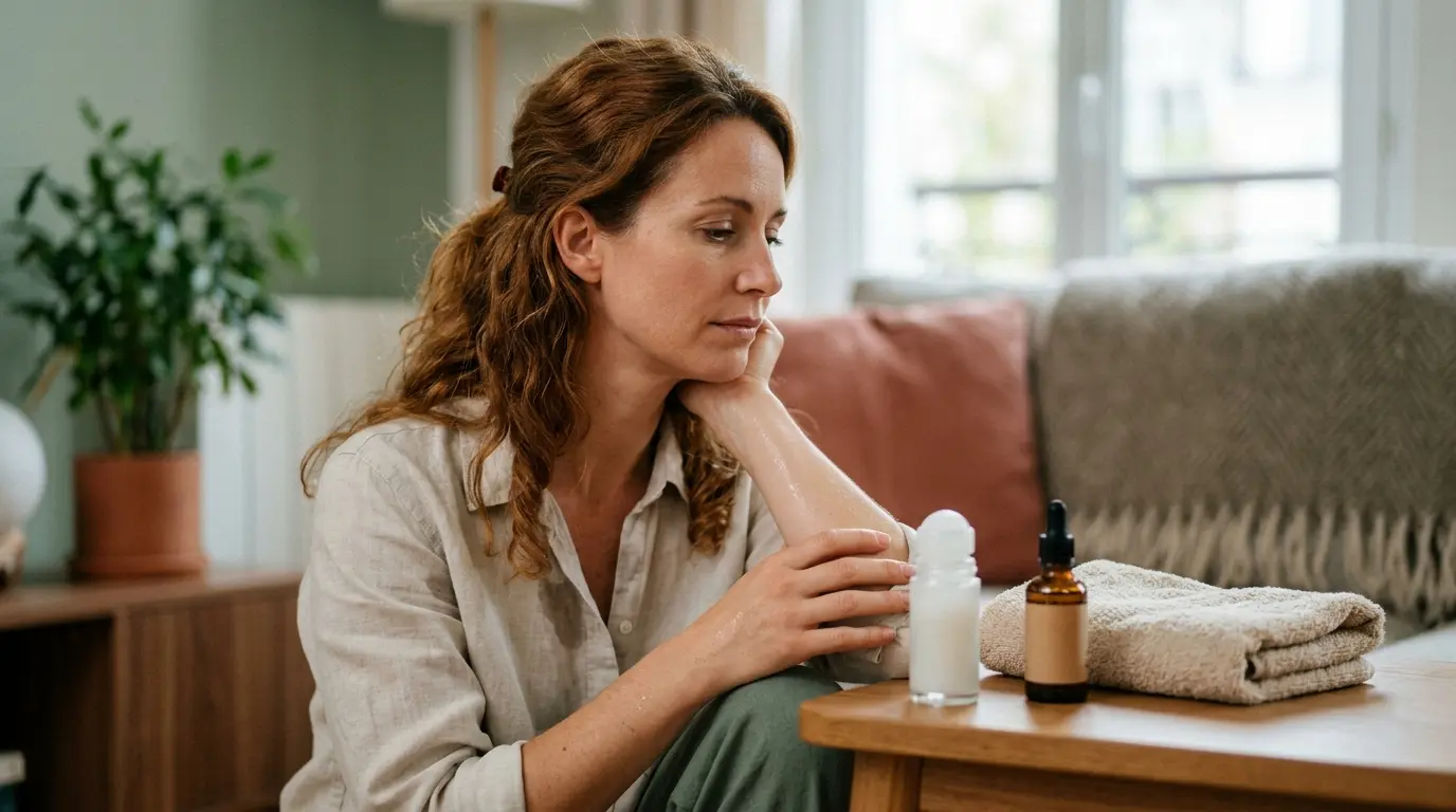 Personne pensive dans un cadre chaleureux, entourée de produits pour huiles essentielles et transpiration, évoquant le bien-être.