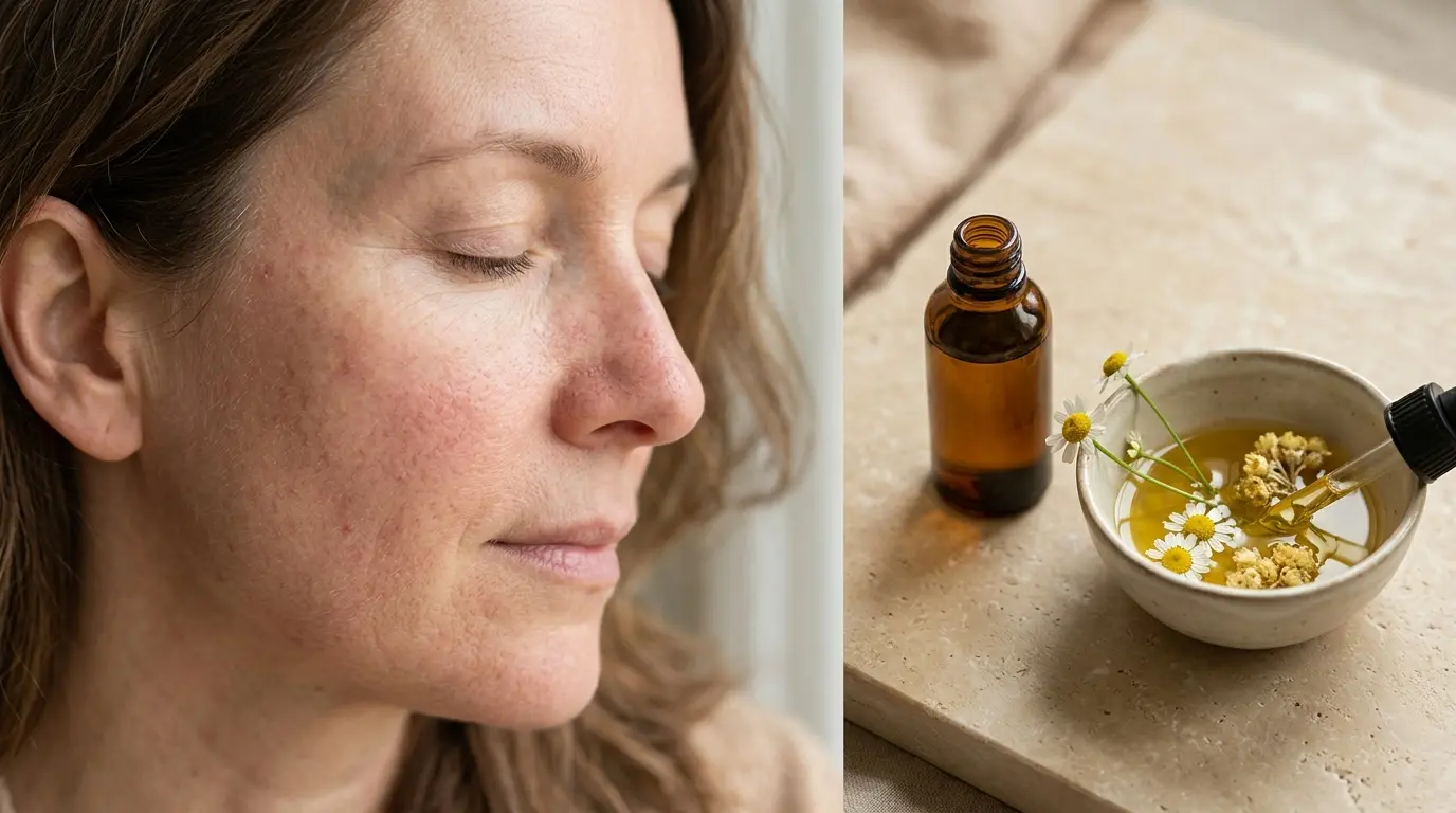 Femme apaisée avec rougeurs faciales, huiles essentielles pour couperose et ingrédients naturels sur une surface en pierre.