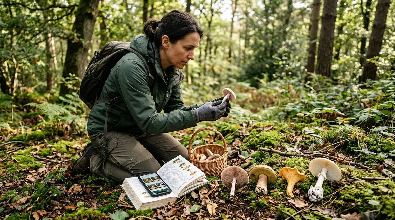 Mushroom picker examine des champignons variés pour identifier les champignons dans une forêt, ambiance prudente et naturelle.