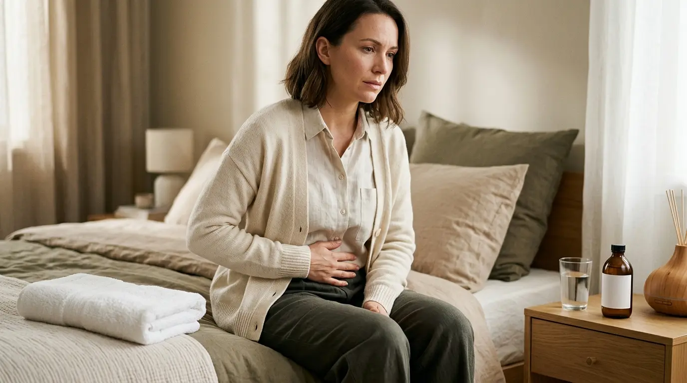 Femme dans un cadre apaisant, exprimant un inconfort intime, avec des éléments de soin et de santé autour d'elle.